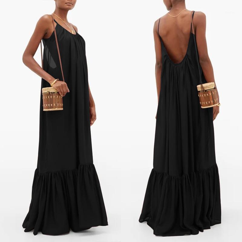 

Women Spaghetti Strap Sundress ZANZEA 2020 Fashion Summer Backless Ruffle Dress Maxi Vestidos Female Casual Solid Robe Plus Size1, Black