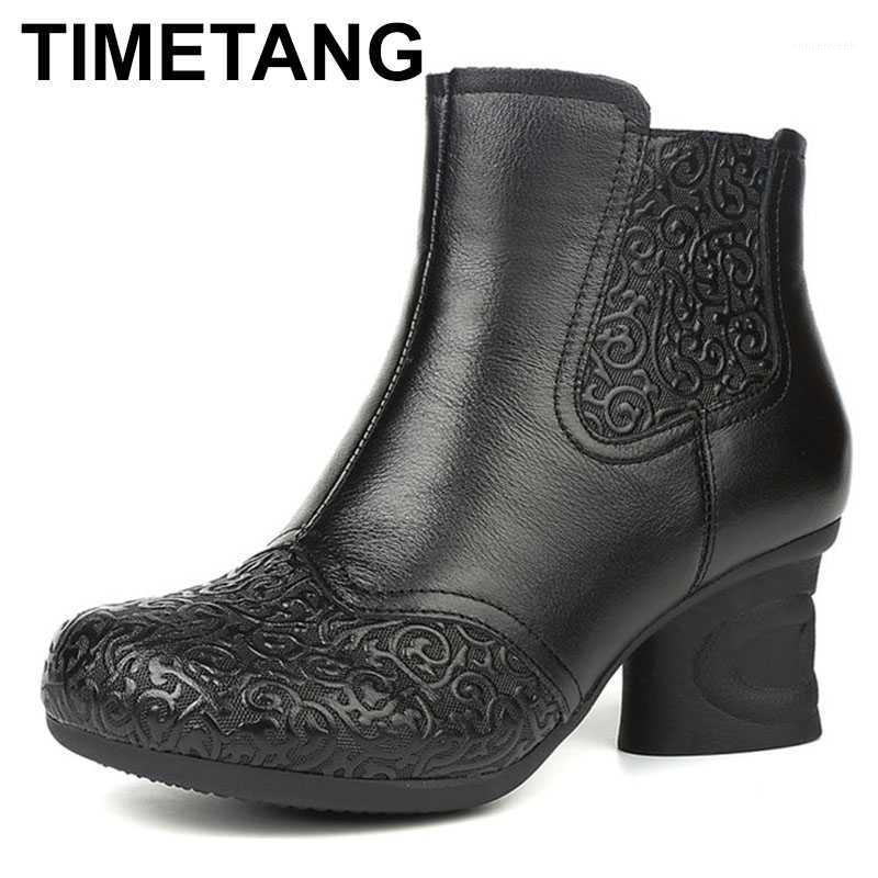 

TIMETANG High Quality Folk Style Boots Genuine Leather Ankle Shoes Vintage Mom Women Shoes Retro Handmade Boots For Women1, Without plush black