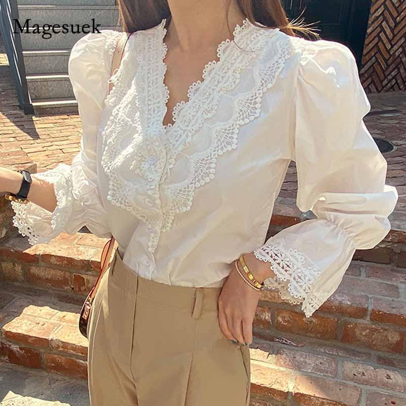

Cotton Lace White V-neck Long Sleeve Fashion Shirts Korean Style Women's Blouse Solid Puff Sleeve Sweet Tops Shirt Female 11013