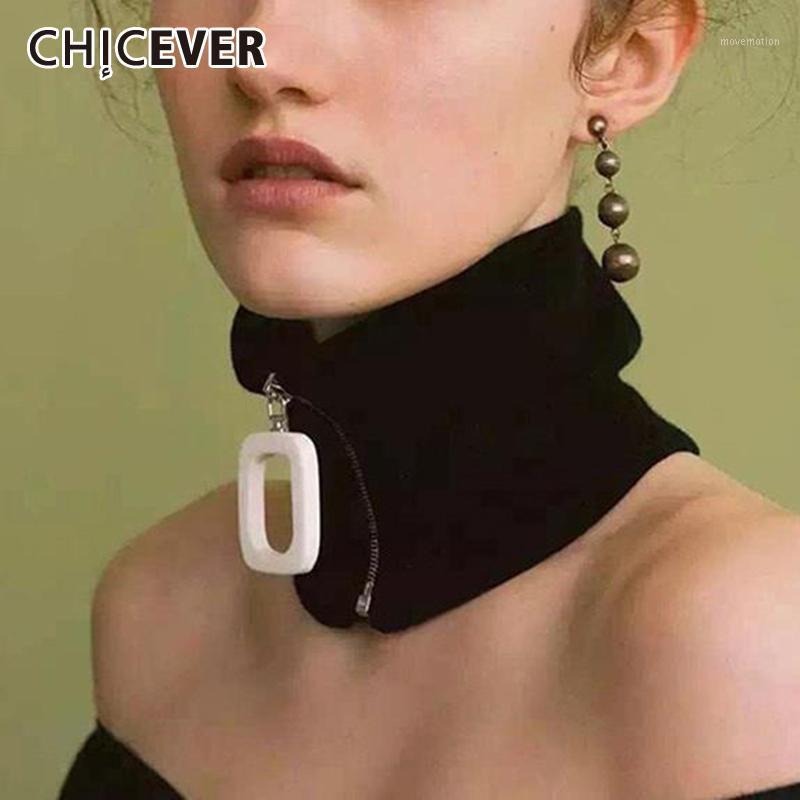 

CHICEVER Spring Autumn Knitted Women's Scarves Black Zipper Warm Clothing Accessories Wool Scarf For Female 2020 Fashion New1