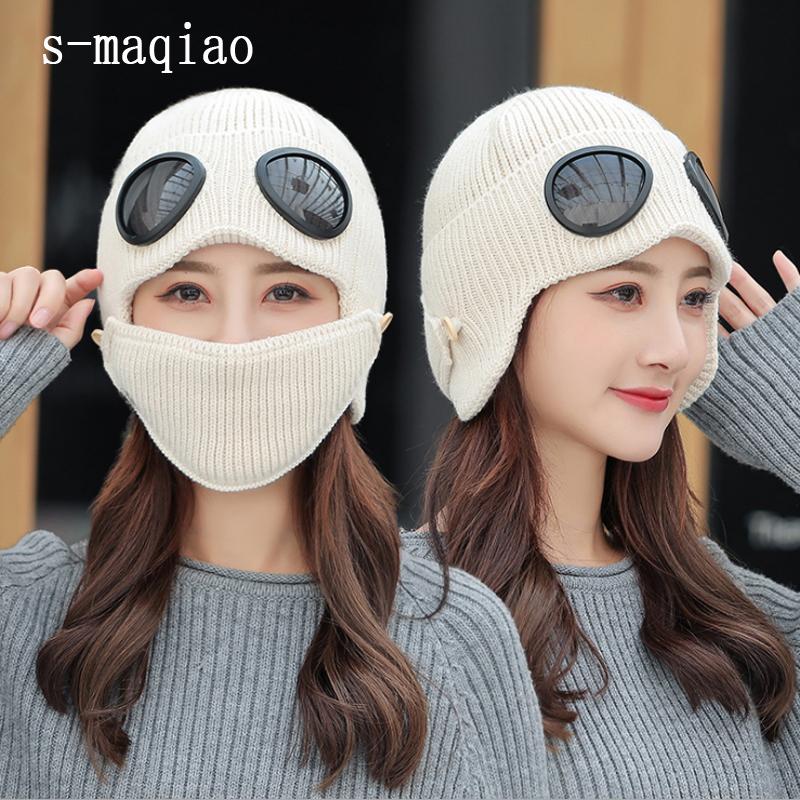 

Winter Warm Outdoor Removable Glasses Knit Hat Balaclava Mask Ski Cap For Men Women Skullies Beanies Hat Ladies Protection Cap, White