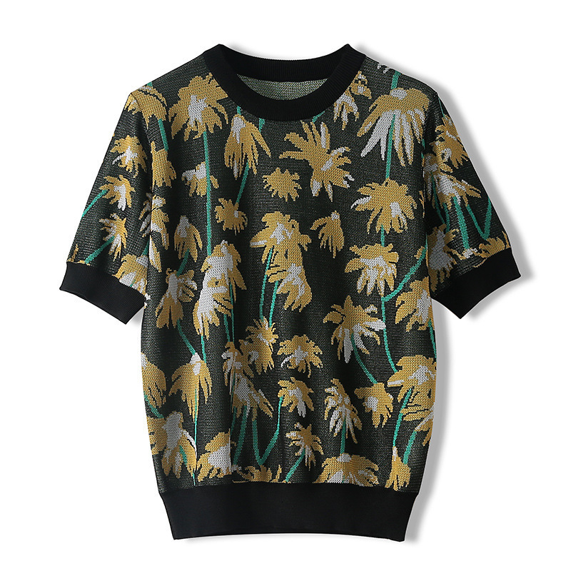 

2021 New Boho Summer Fashion Vintage Chic Women Coconut Tree Jacquard Short Sleeve T-shirt Ladies Tops Viscose Knit Tee Shirt Psbp, Apricot