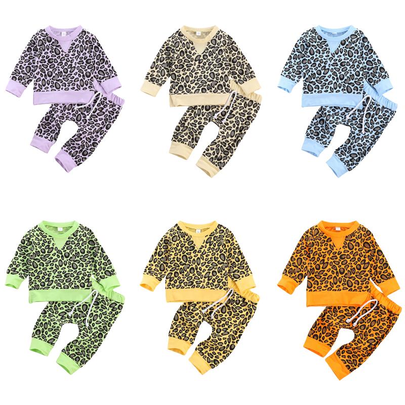 

0-2 Years Toddler Autumn Outfits Leopard Print O-Neck Long-Sleeves Top + Elastic-Waist Pants for Baby Boys Girls