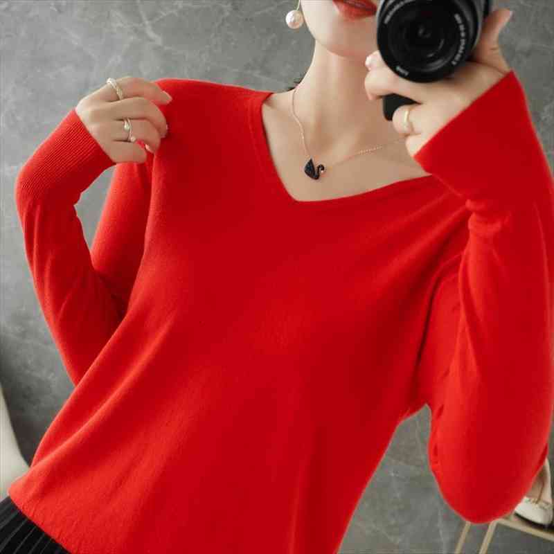 

autumn winter cashmere wool v-neck long sleeve knitted sweater womens pullover warm soft, White;black