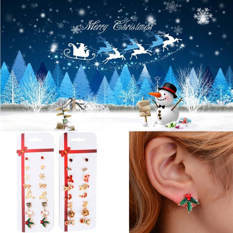 

8 Pairs Christmas Stud Earring Set X-Mas Christmas Tree Snowflake Elk Earrings Kit Holiday Festive Ornament Jewelry Gift Women