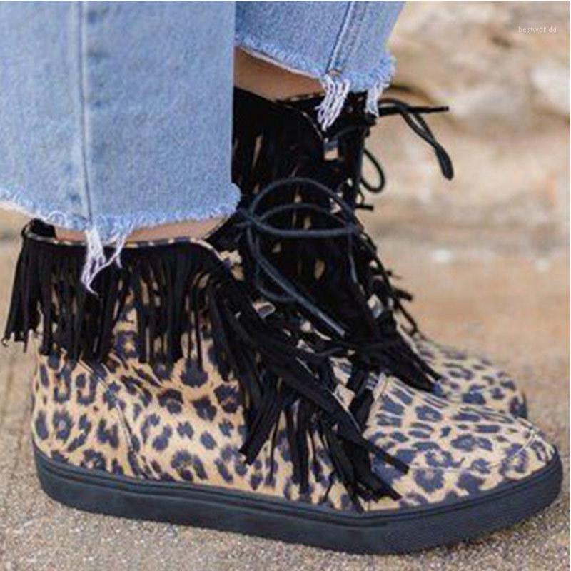 

Women Tassel Rainbow Ankle Boots 2020 New Women's Lace Up Flats Woman Leopard Western Cowboy Boots Ladies Female Shoes Plus Size1, Black