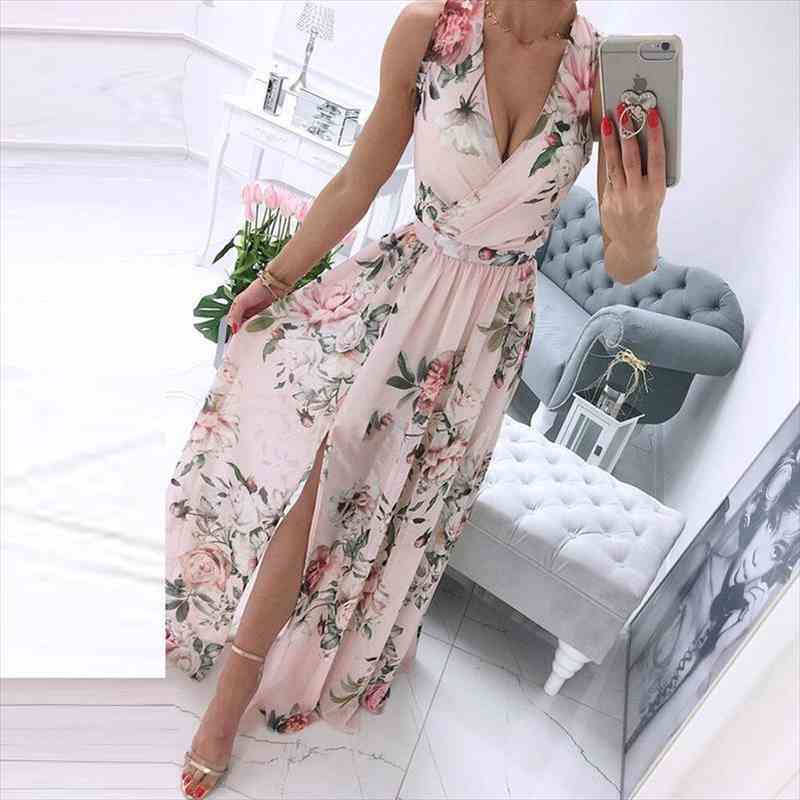 

elegant floral print beach long dress women deep v-neck split party dress summer sleeveless chiffon maxi, Black;gray