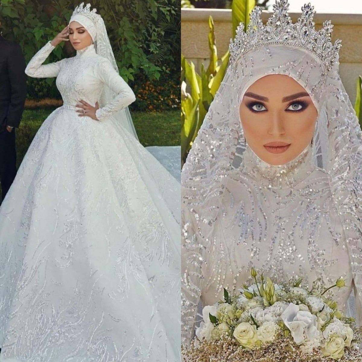 

Shiny Sequins Muslim Wedding Dresses with Hijab Long Sleeves Beading Plus Size Bridal Gowns Arabic Luxury Robes De Mariée, Water melon