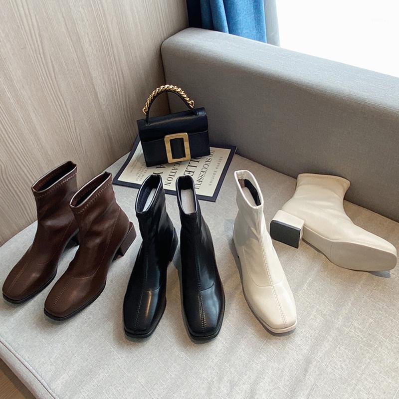 

square head thin boots Korean version high retro versatile 2021 new plush boots women's short boot thick heels women's1, Cream