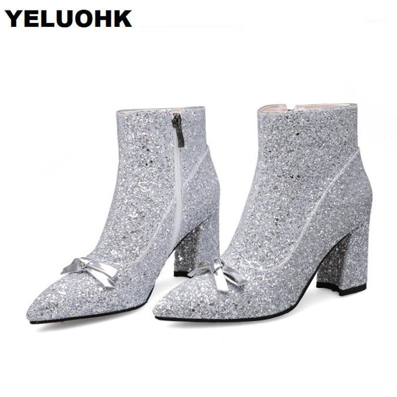 

2020 New Glitter Shoes Women Ankle Boots High Heels Pointed Toe Women High Boots Autumn Shoes Fashion Ladies1, Red