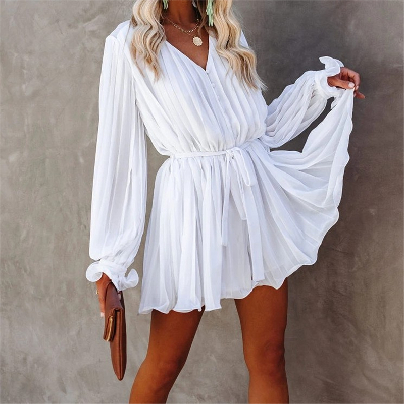 

2021 New Women Autumn White Pleated Mini Es Winter Ruffle Long Butterfly Sleeve Chiffon Ladies v Neck a Line Day Party Vestido Gqfb