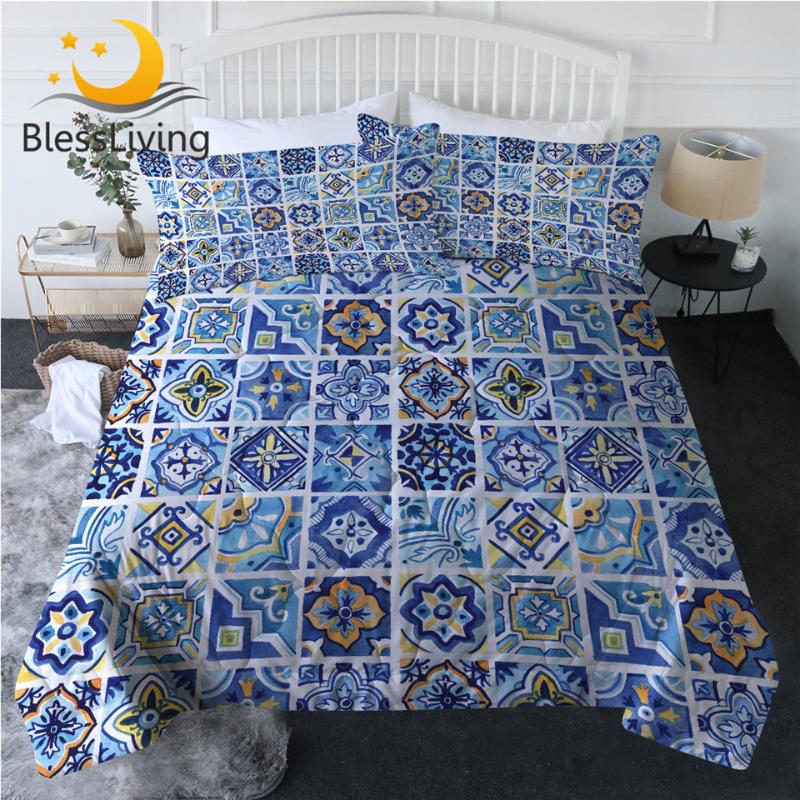 

BlessLiving Watercolor Quilt Set Mediterranean Ceramics Thin Comforter Geometric Squares Summer Bedding Mandala Floral Duvet Set, 001