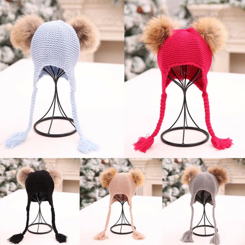

2020 Baby Accessories Fashion Kids Baby Boy Girl Winter Warm Beanie Double Fur Pom Bobble Knit Hat Knitted Fur Solid Cap Gifts, Beige