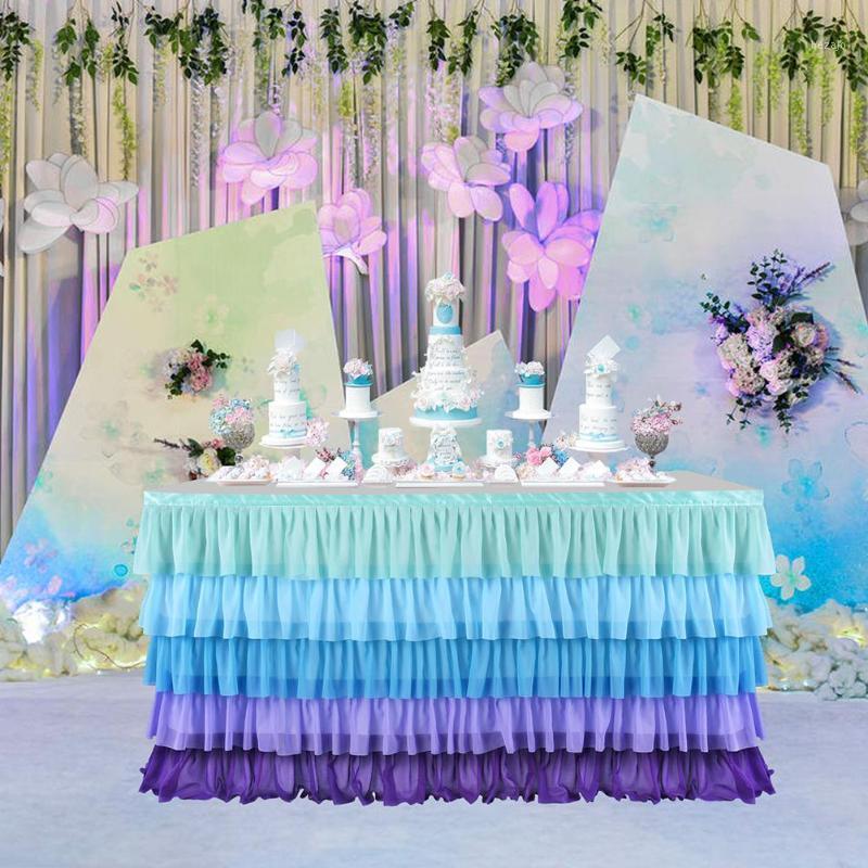 

5 Layer Violet Blue Splicing Chiffon Tulle Table Skirts Tableware Birthday Party Decorations Banquet Wedding Home Party Supplies1