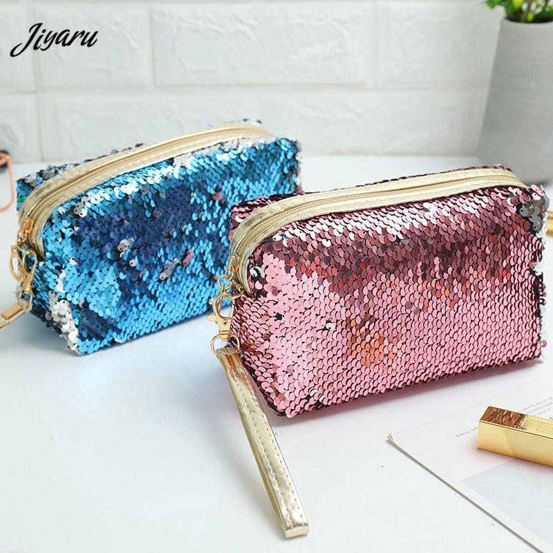 

Sequin Makeup Bag Travel Cosemtic Case Waterproof Toiletry Storage Pouch for Women Zipper Wash Bag Portable Make up Organizer, Red