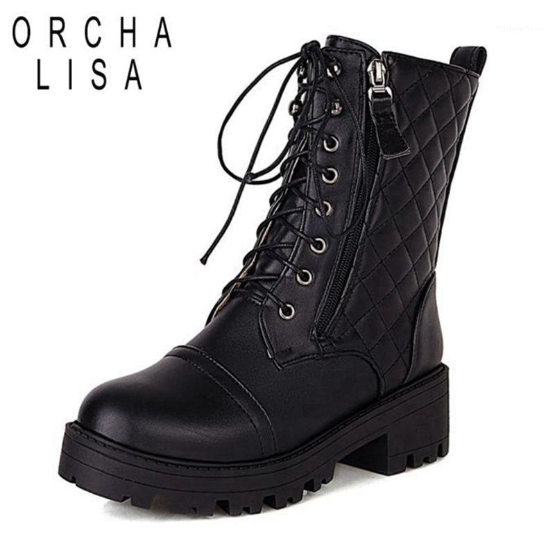 

ORCHALISA New Fashion Winter motorcycle Boots For Women Lace-up Mid-calf Boots Black White Winter Spring Pu Leather Hiking Shoes1, White velvet