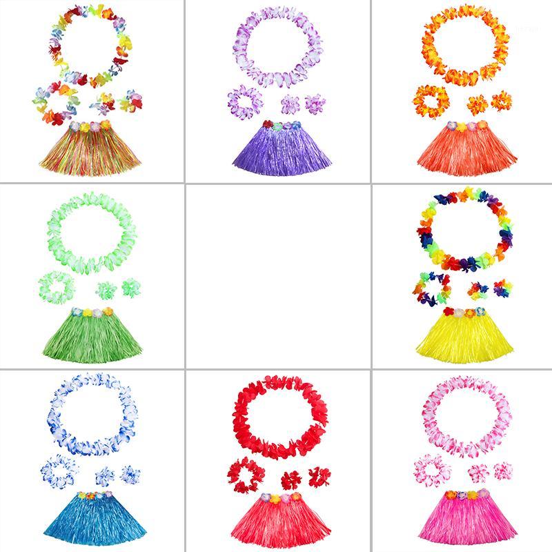 

Flower Garland Skirt Suit Kids Hawaiian Grass Lei Skirt Flower Wristband Garland Fancy Costume Suits1