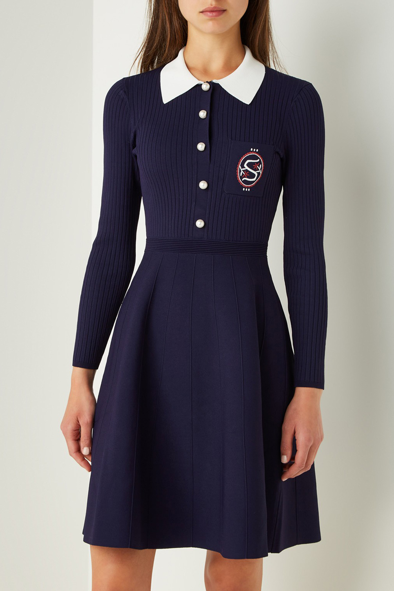 

2020 Autumn Long Sleeve Lapel Neck Blue Contrast Color Knitted Embroidery Panelled Single-Breasted Dress Women Fashion Dresses S2718059