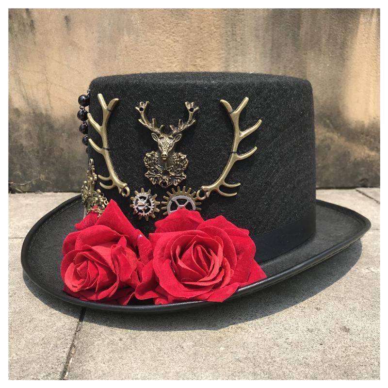 

New Women Handmade Steampunk Top Hat With Flowers Stage Magic Hat Party Size 57CM Steampunk1, Black