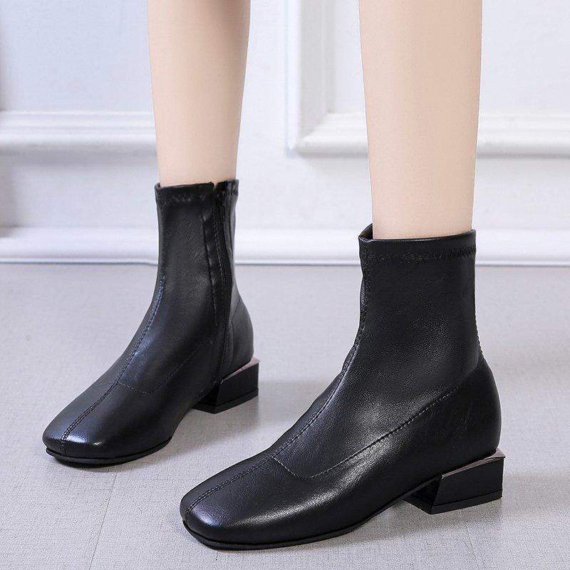 

DM568 Plus size 42 square toe Ankle Boot Women 2020 autumn winter chunky heel PU black stretch boots Bota Feminina1, Black wood heel