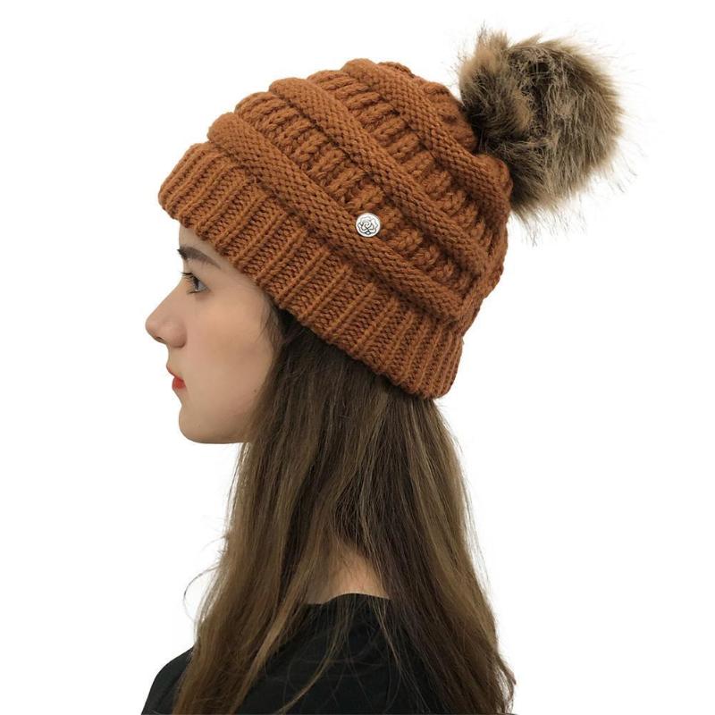 

Fur Pom Pom Hat Winter Girl Hat Knitting Cotton Beanie Beanies Thick Ski Cap Fur Skullies Winter Women Warm Bal G7S2