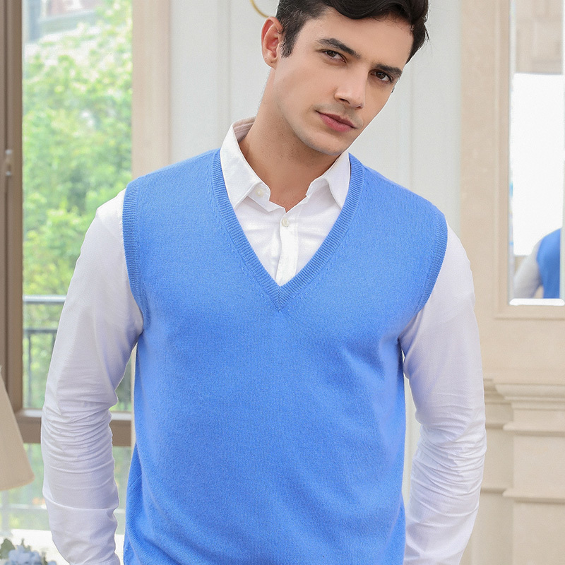 

2021 New Hot Sale Sleeveless Men Vest 100% Cashmere Knitted Pullovers 7colors V-neck Jumpers for Man Winter Standard Sweaters 4p80, Navy blue