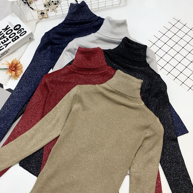 

2021 New Amazing Sparkling Turtleneck Sweater Women Autumn Winter Korean Tight Jumper Pull Femme Basic Pullover Sweaters Pbm9, Black