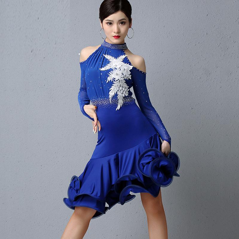 

2020 New Irregular Latin Dance Performance Dress Female Sexy Long-Sleeved Rhinestone Printing Dresses Women'S Ballroom Clothing, Blue