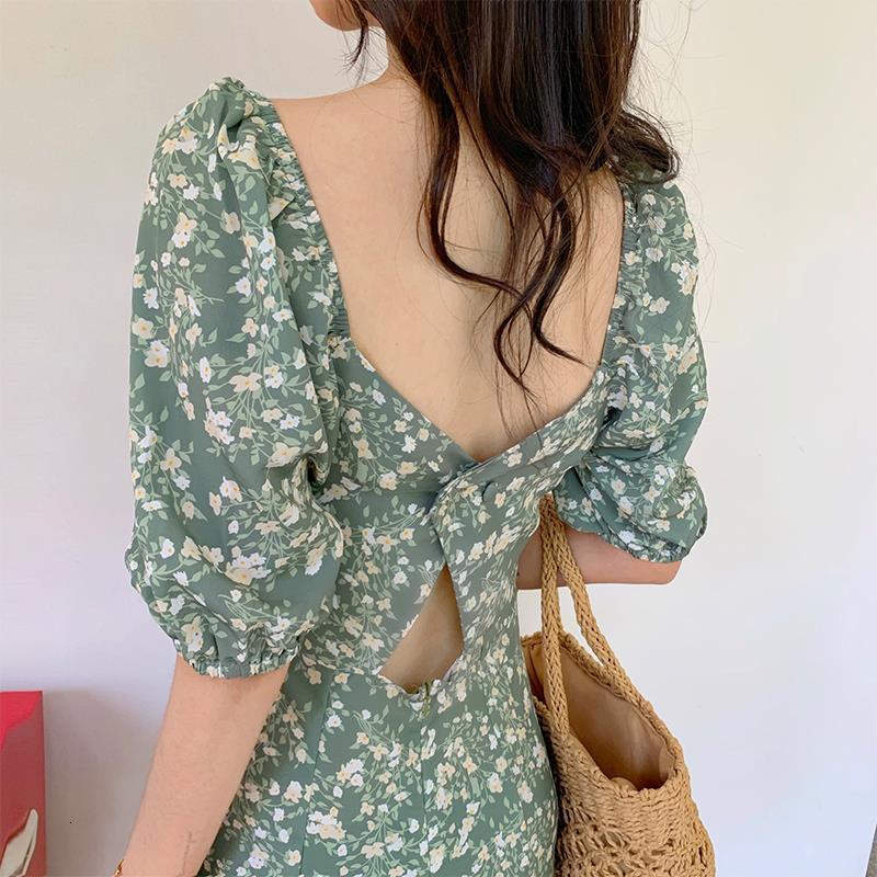 

2021 New Floral Women Sleeve Chiffon Mini Backless Casual French Style Elegant Vintage Summer Korean Q8x7, Green