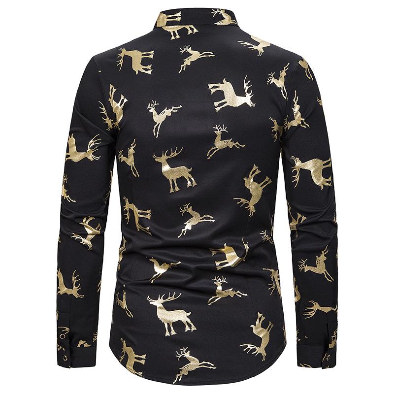 

Men Elk Printed Gold Bronzing Christmas Shirt Casual Slim Fit Henry Collar Chemise Homme Men Shirts Long Sleeve Party Prom