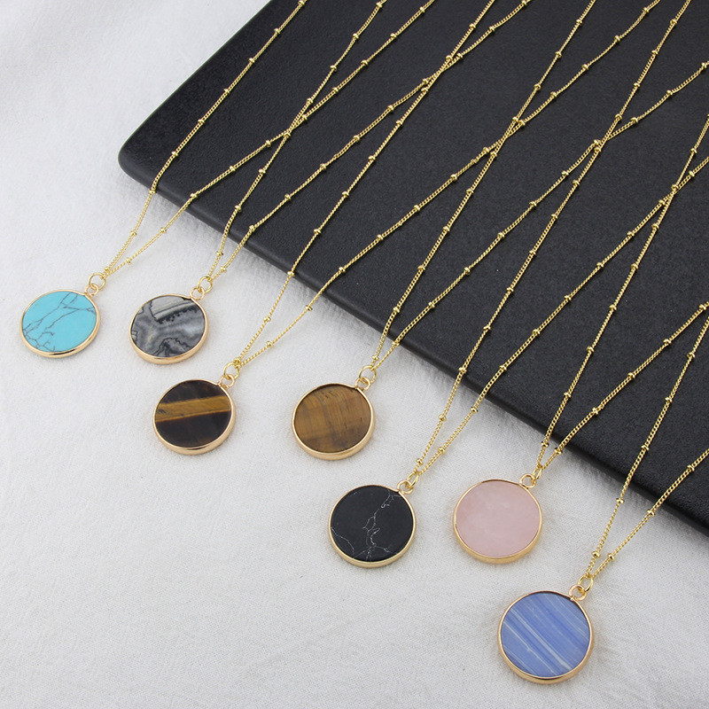 Colorful Round Natural Stone Pendant Necklace Factory Design INS Style Women Jewelry-image-755704139