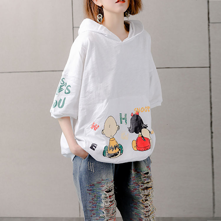 

2021 New 100%cotton Hooded Cartoon t Shirt Women Summer Harajuku Short Sleeve Tshirt Tops Female Loose Plus Size T-shirt Hv71, Black