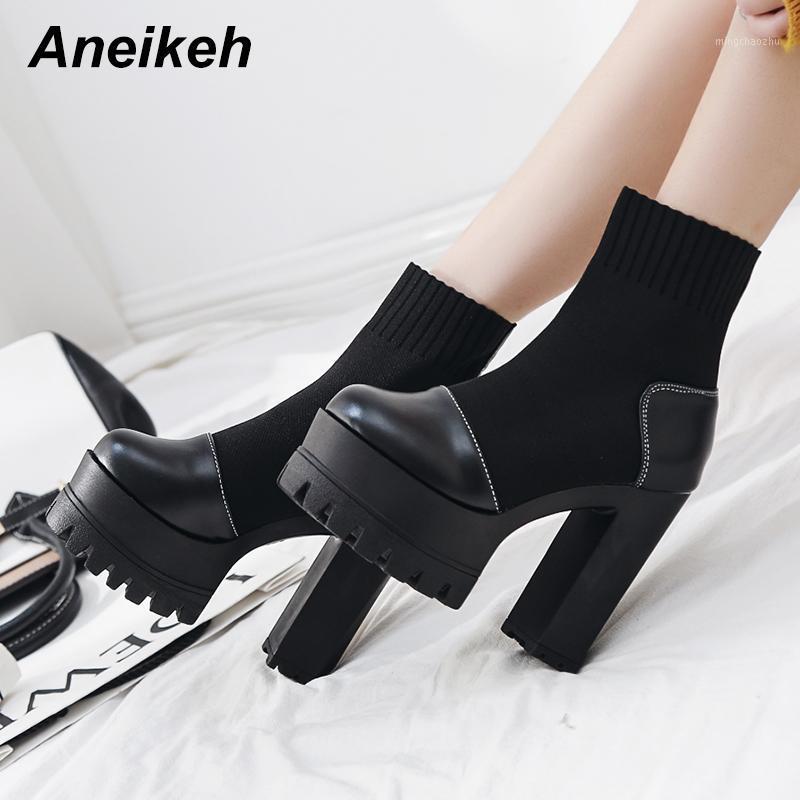 

Aneikeh Spring Women Shoes Ankle Riding Equestrian PU Slip-On Platform Square Heel Round Toe Black Size 35~39 Solid Boots New1