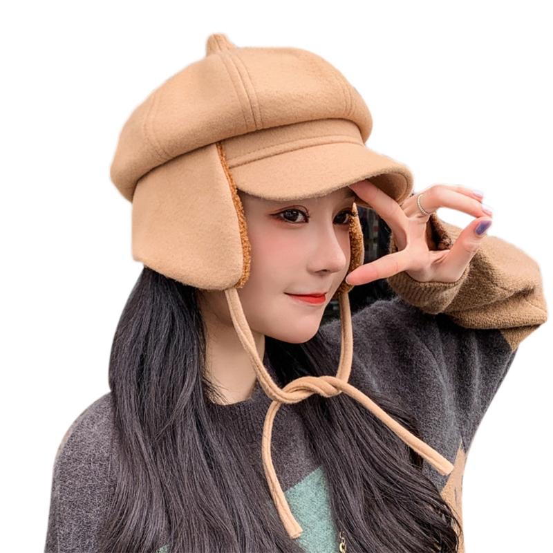 

Women Winter Octagonal Beret Cap with Plush Lining Earflap Chin Strap Visor Hat 77HE, Black