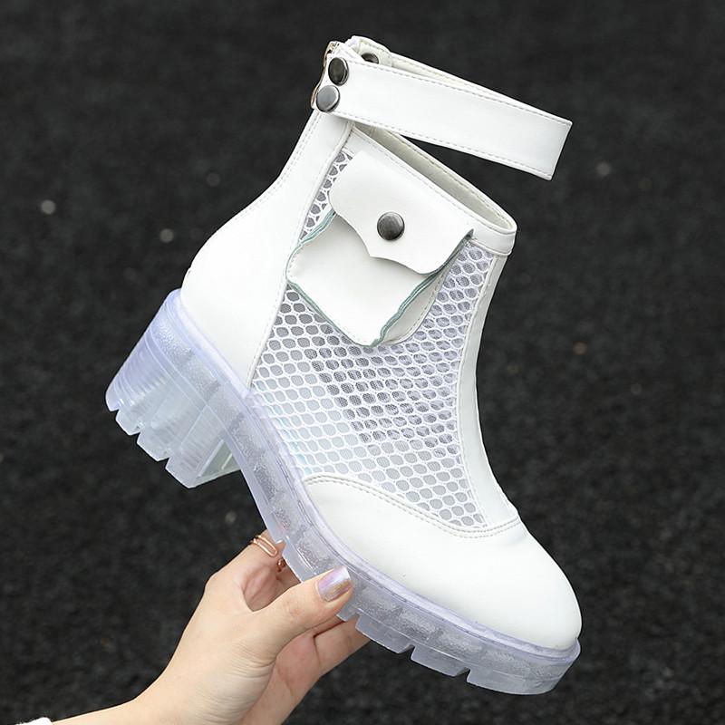 

2020 Autumn Women motorcycle Boots Fashion Air mesh Packet Summer Ankle boots Platform wedge Transparent sole Short Shoes, Black