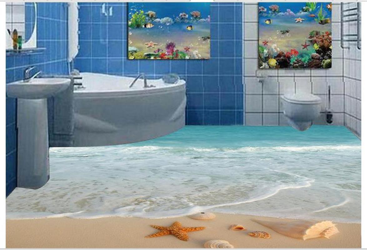 

3d wallpaper pvc 3d flooring beach waves sea star sea conch bathroom floor painting floor painting wallpaper1, As pic