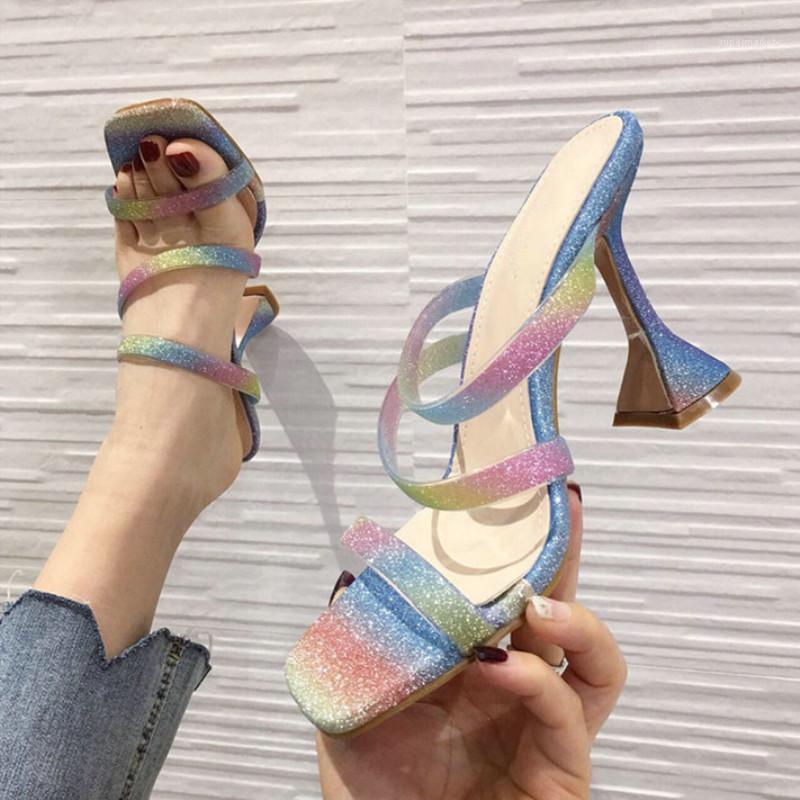 

Color Thin Band Combination Square Head Shallow Mouth Thick Super High-heeled Ladies Large Size Sandals 411, Colourful