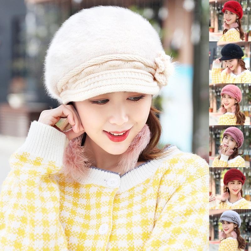

E High quality, soft, cute, fashionable Women's winter knitted solid color comfortable flower decorated warm beret Dropshipping, Pp