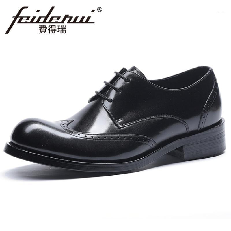 

New Vintage Formal Dress Genuine Leather Men's Oxfords Round Toe Handmade Derby British Wingtip Brogue Shoes For Man HMS1161, Black