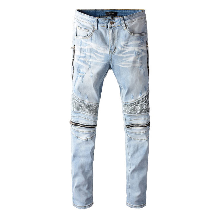 

mens jeans #641 distressed motorcycle biker jeans slim ripped hole stripe famous denim men pants jeans, Blue