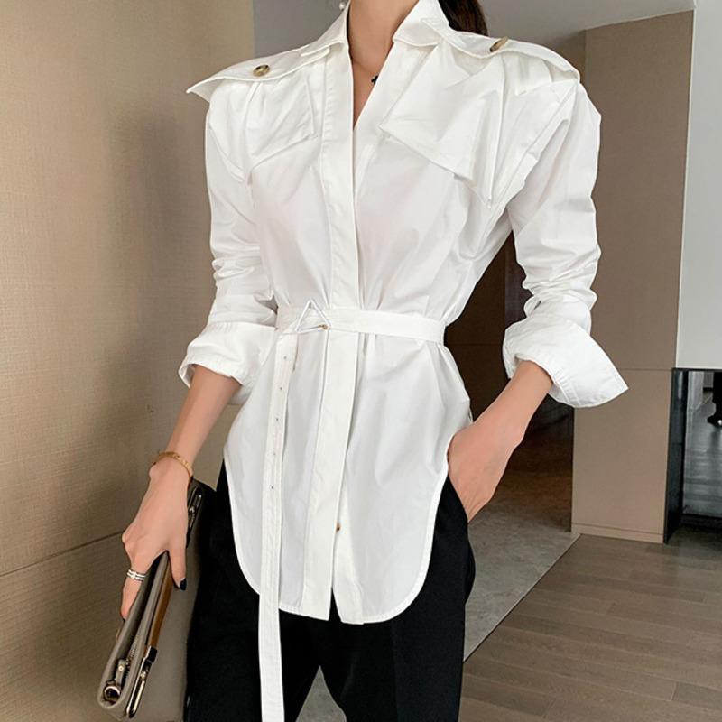 

EWQ] 2020 Spring New Long Sleeve Shoulder Stitching Pockets Trendy Design Women Shirts High Quality Loose Casual Blouse QX57300, White
