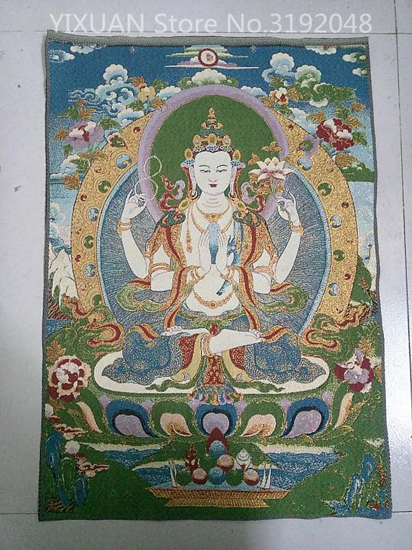 

Chinese Folk Silk embroidery Green Tara Mahayana Buddhism Thangka Painting Mural 23 inch