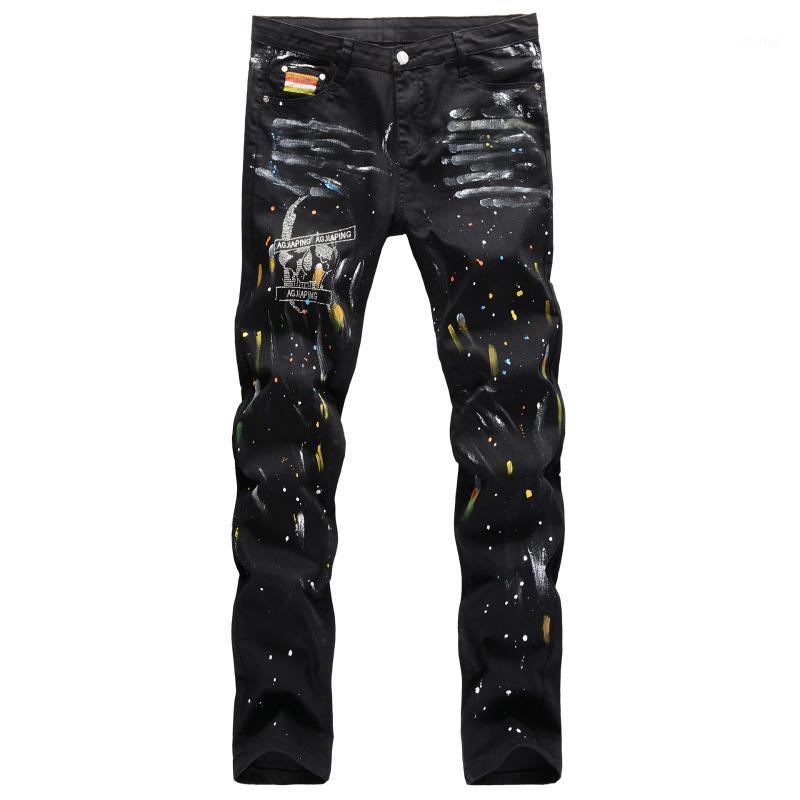 

Men's Jeans Trousers European American Street Hip-hop Style Hand-painted Cat Whiskers Splash Ink Color Paint Skull Straight Pants1, As pic