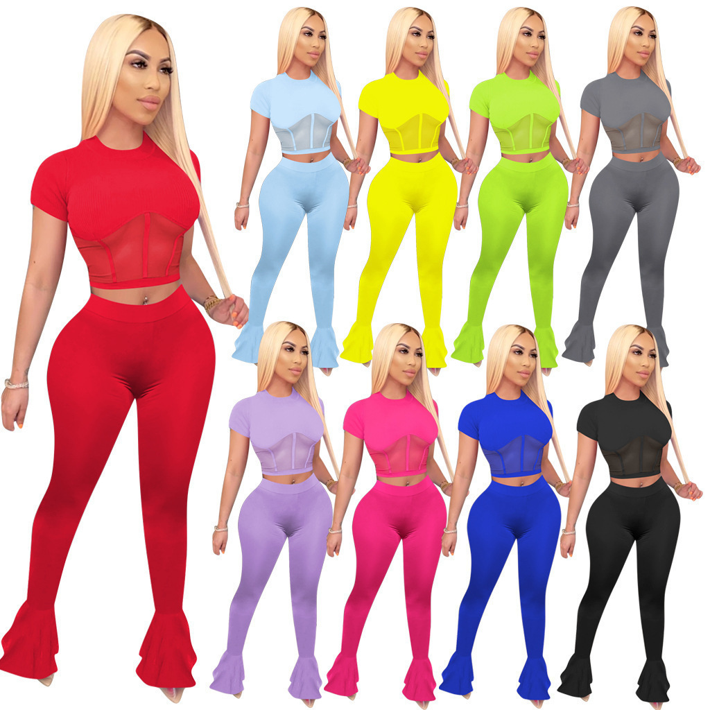 

Women Two Piece Outfits Flare Pants Sexy Mesh Style Women Dresses Tight Trousers 2 Pieces Pleated Long Pants Sets 852, Sapphire