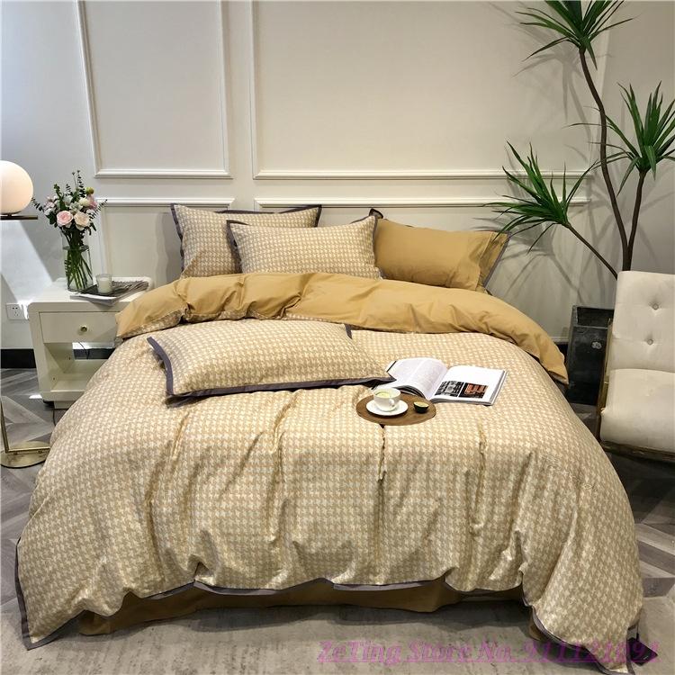 

Cool Quality Bedding Set Autumn Winter 80 double-sided pure Cotton 4pcs Houndstooth Nordic Light Luxury Bed Llinen Duvet Cover, Yellow
