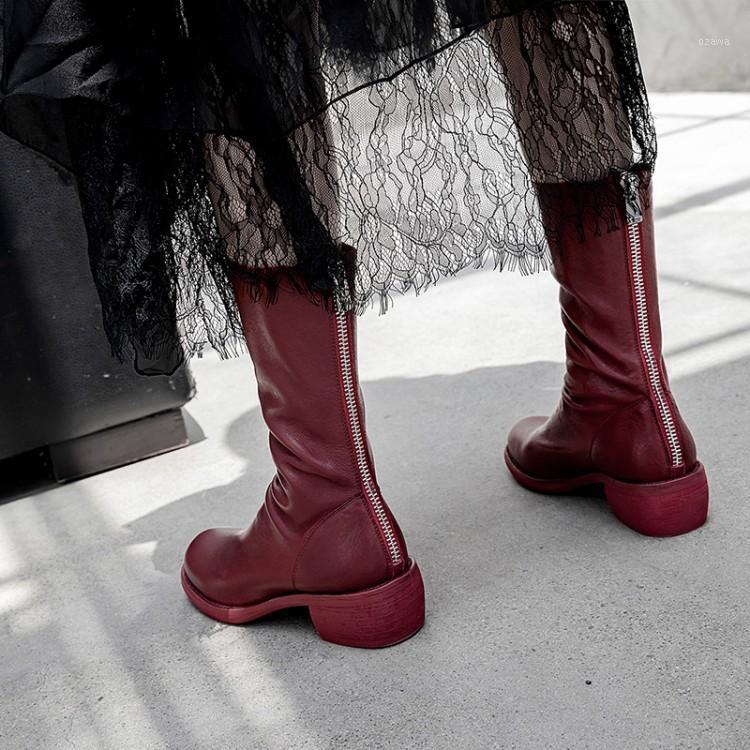 

PXELENA HOT Luxury Celebrity Genuine Leather Mid Calf Boots Women Chunky Med Heels Back Zip 2020 Autumn Lady Shoes Fashion Dress1, Beige