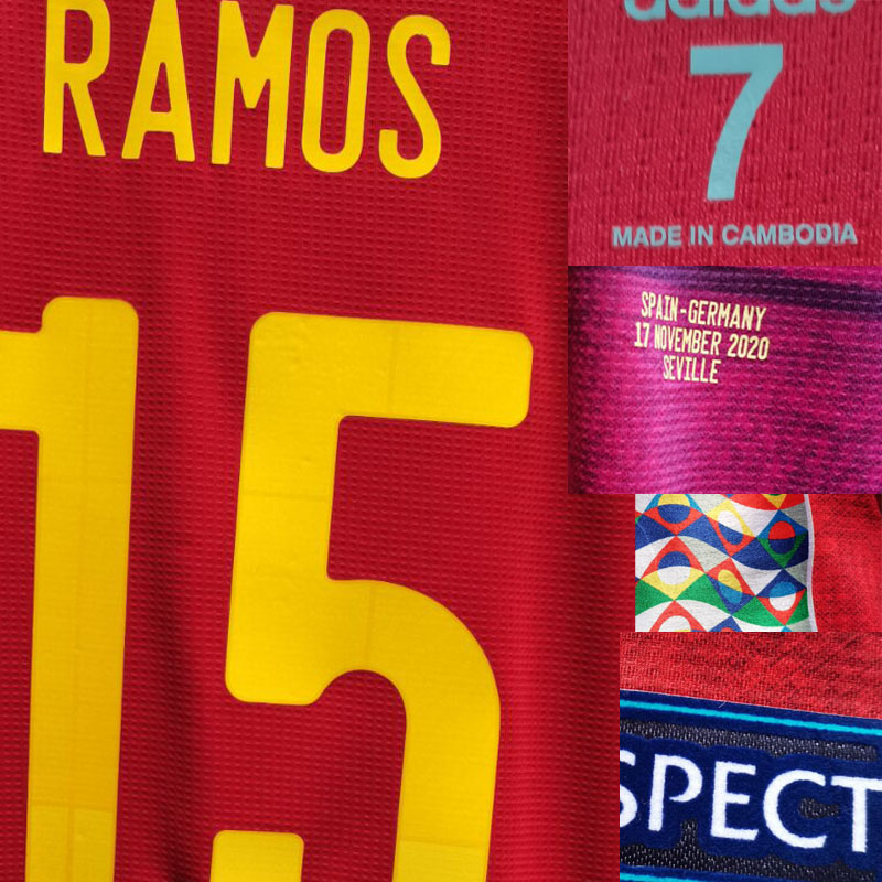 

2020 Match Worn Player Issue Ramos Morata American College Football Shirt, Player version vs german