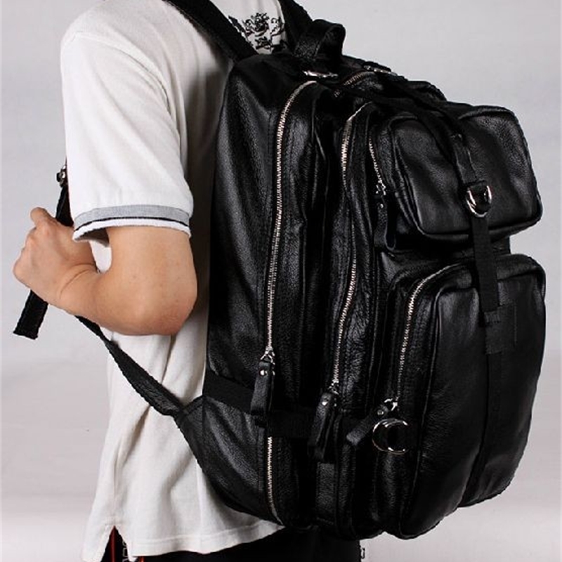 

Real leather of the men genuine female backpack big travel black luggage bag m152