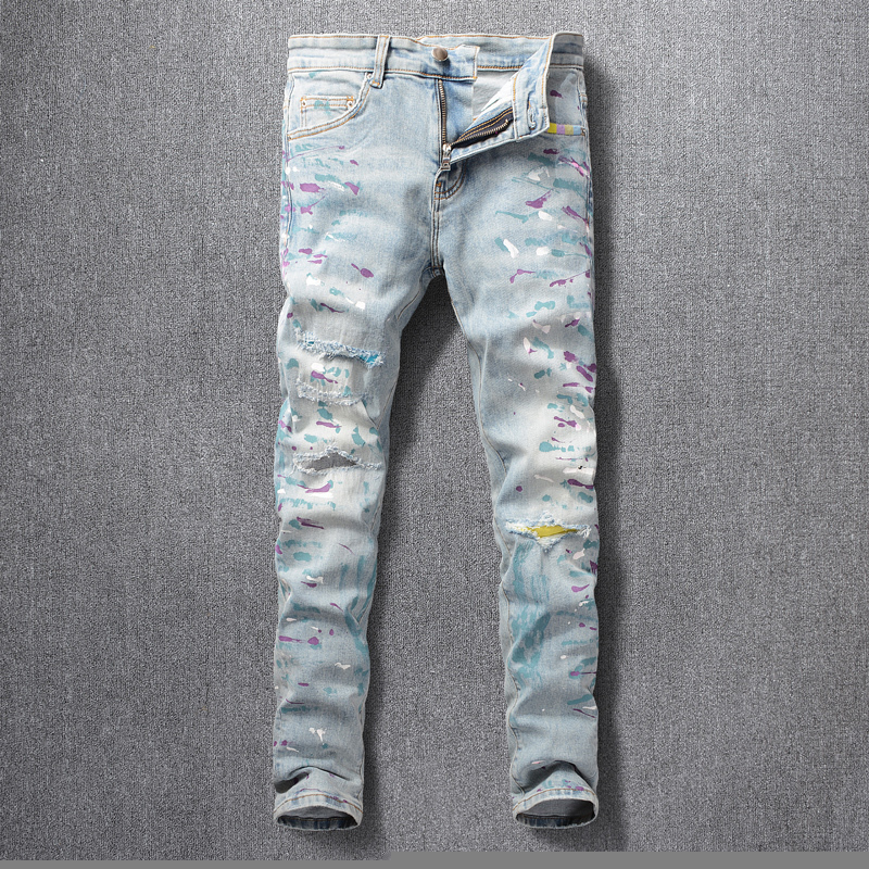 

2021 New American Streetwear Fashion Men Retro Light Blue Paint Designer Ripped Jeans Slim Fit Elastic Patches Hip Hop Pants Hombre Gca9