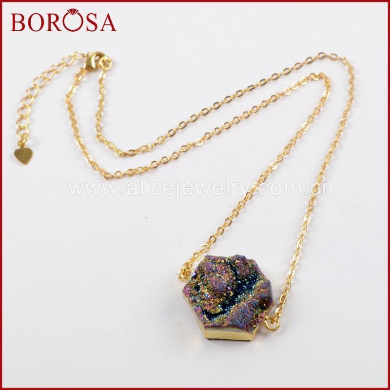 

BOROSA 5/10PCS Rainbow Titanium Galaxy Druzy Quartz Pendants with 16inch Gold Chains Necklace for Handmade Jewelry G1618-N1